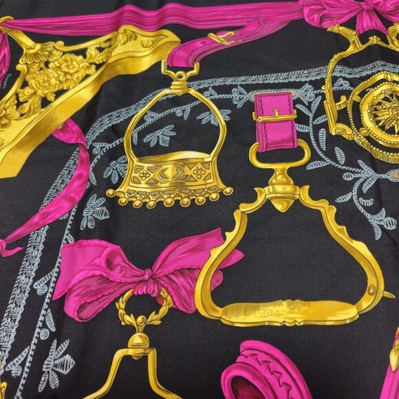 Auth HERMES Carre 90 - Black Gold Pink Silk Scarf - Picture 6 of 12